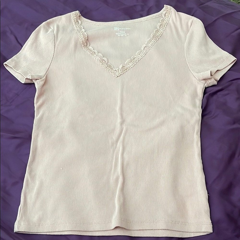 Lace Trim V-Neck Women Top - Baby pink